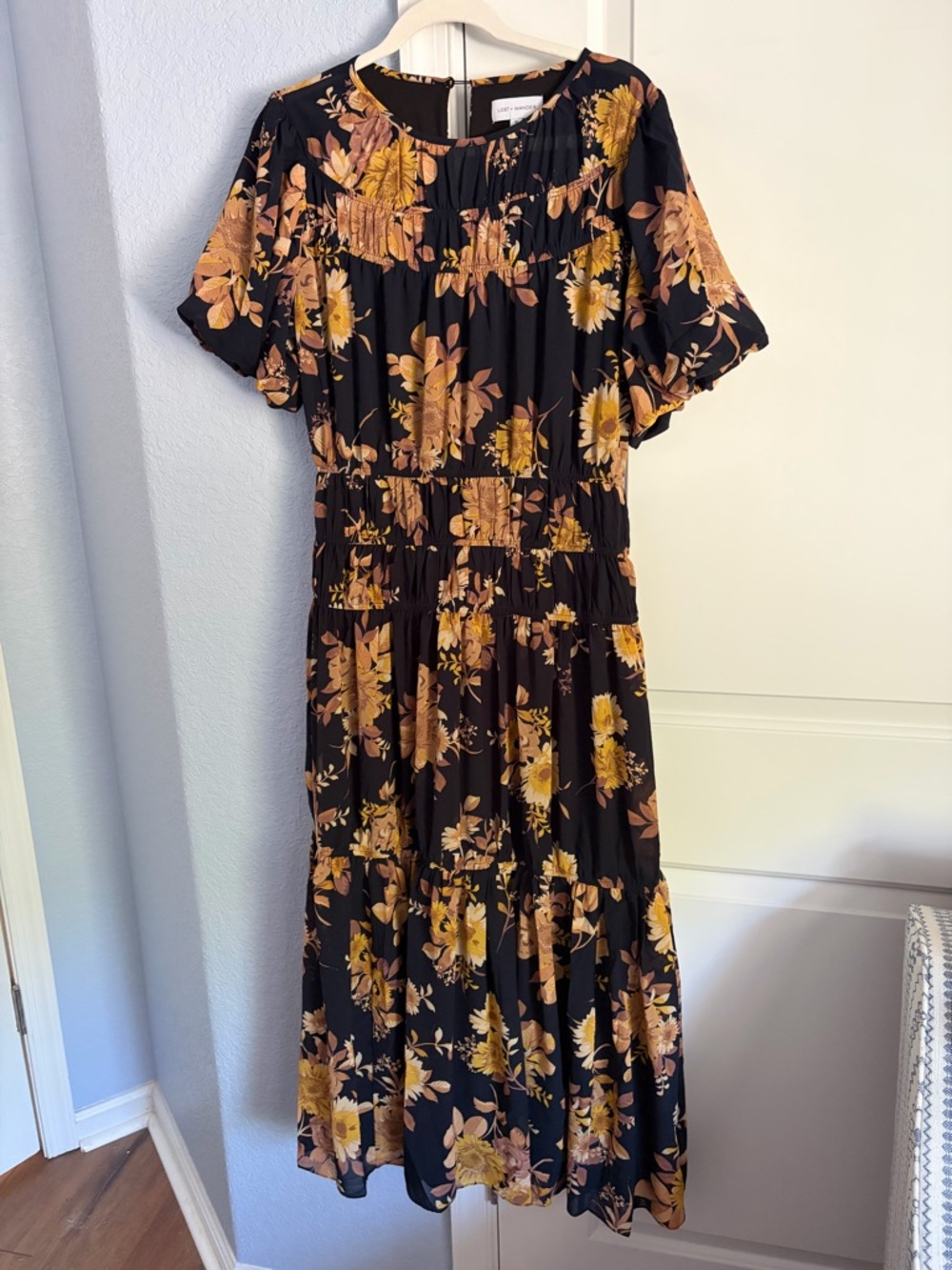 Lost + Wander Navy Blue Maxi Dress with Mustard Floral Print
